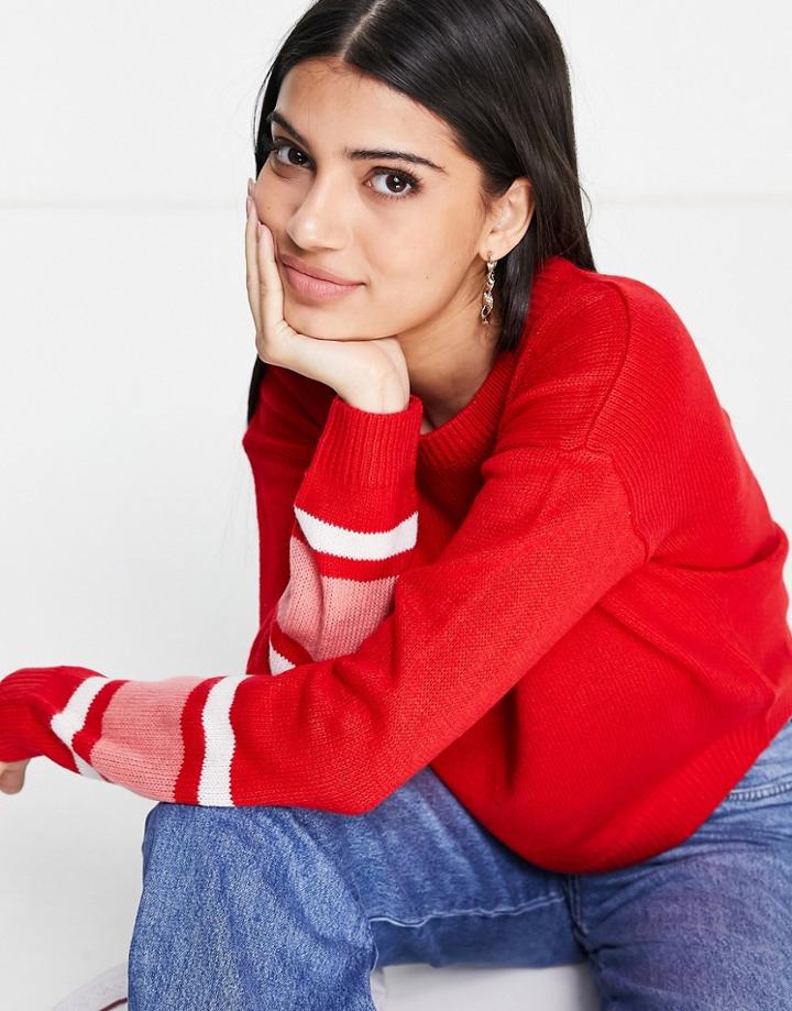 Brave Soul Seattle Sleeve Stripe Sweater In Red-pink
