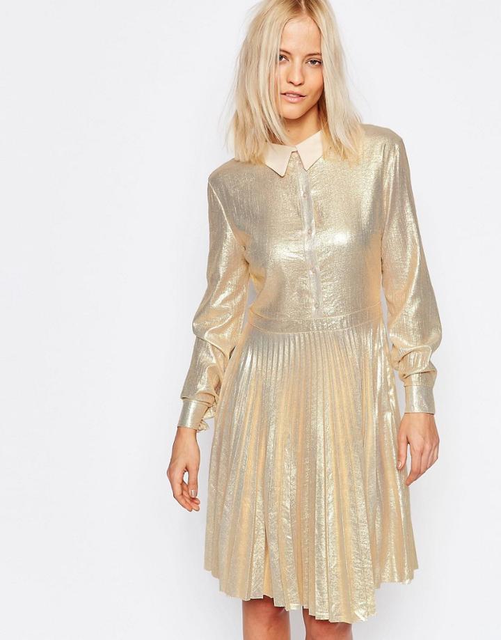 Liquorish Metallic Shirt Dress With Pleated Skirt - Gold