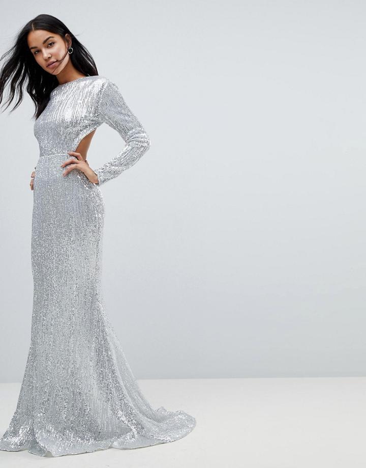 Club L Long Sleeve Sequin Backless Maxi Dress - Silver