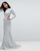 Club L Long Sleeve Sequin Backless Maxi Dress - Silver