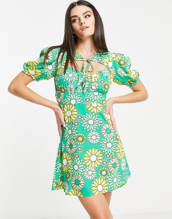 Vero Moda Tie Neck Mini Dress With Sweetheart Neck In Green Retro Floral
