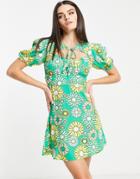 Vero Moda Tie Neck Mini Dress With Sweetheart Neck In Green Retro Floral
