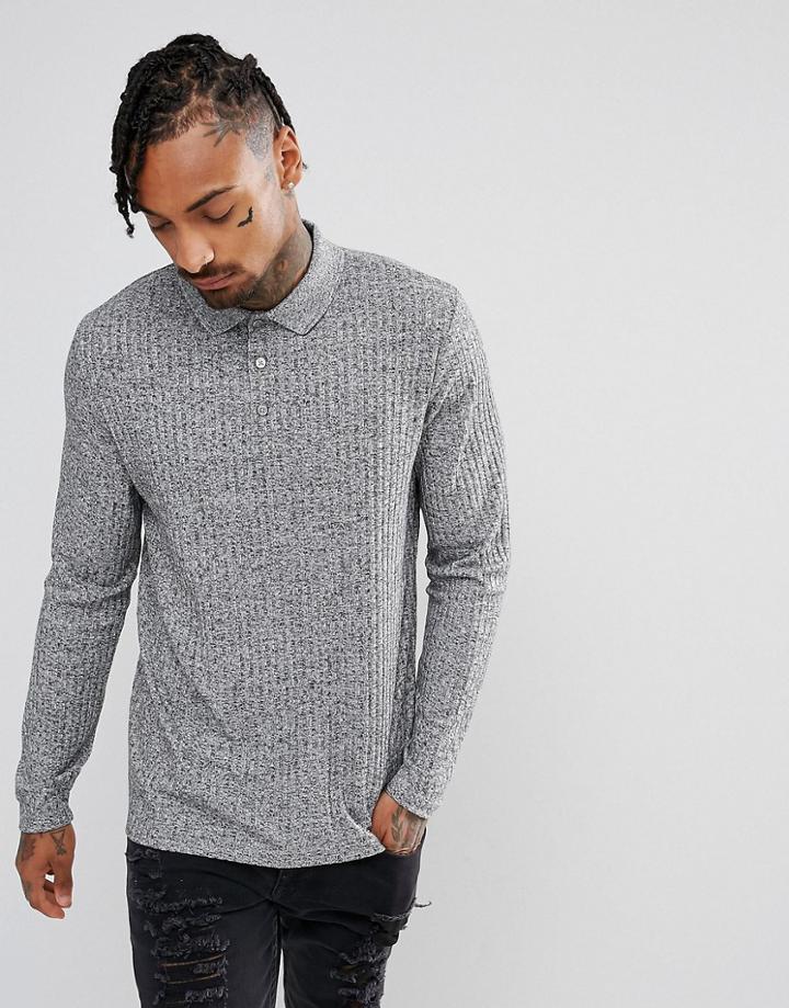 Asos Long Sleeve Polo Shirt In Heavy Rib - Gray