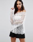Club L Off Shoulder Lace Top With Long Sleeves - White
