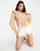 Monki Polyester Frill Collar Shirt In Retro Floral Print - Multi