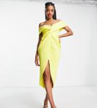 Asos Design Tall Off Shoulder Twist Front Wrap Midi Pencil Dress In Lemon-yellow