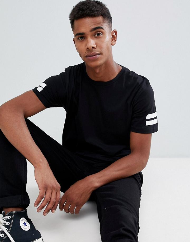Jack And Jones Long Line Sports Stripe T-shirt - Black