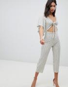 Asos Design Tie Front Jumpsuit With Kimono Sleeve In Textured Stripe - Beige