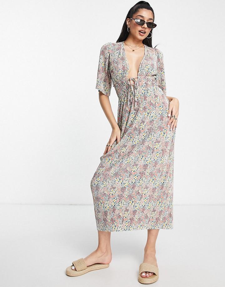 Asos Design Plisse Short Sleeve Channel Waist Detail Midi Dress In Green Ditsy Floral-multi