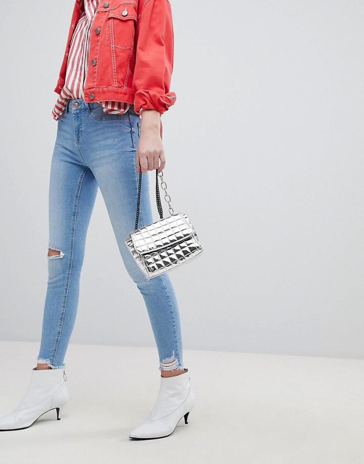 New Look Jenna Skinny Frayed Hem Ripped Jean In Mid Blue - Blue