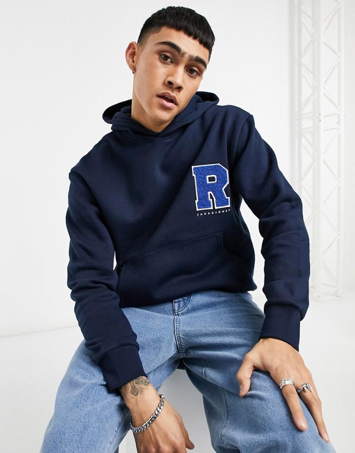 Jack & Jones Originals Oversized Hoodie With Collegiate Chest Logo In Navy