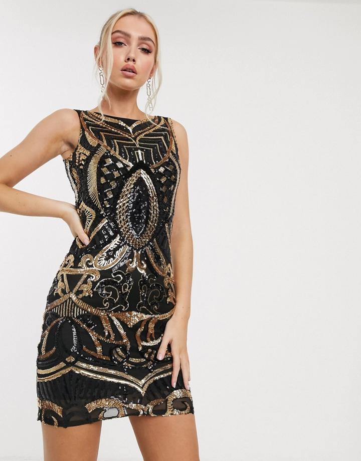 Goddiva Embellished Mini Dress In Black And Gold