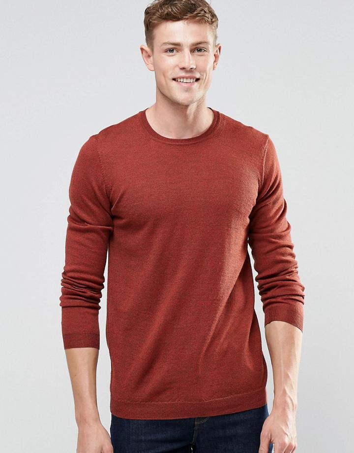 Asos Merino Wool Crew Neck Jumper In Rust Twist - Rust Twist