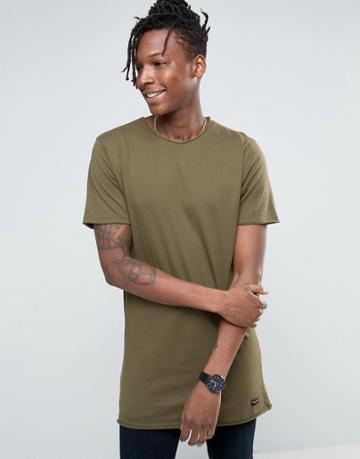 Only & Sons Longline Raw Edge T-shirt - Green