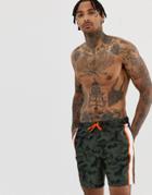Asos Design Swim Shorts In Camo With Side Stripe In Mid Length - Green