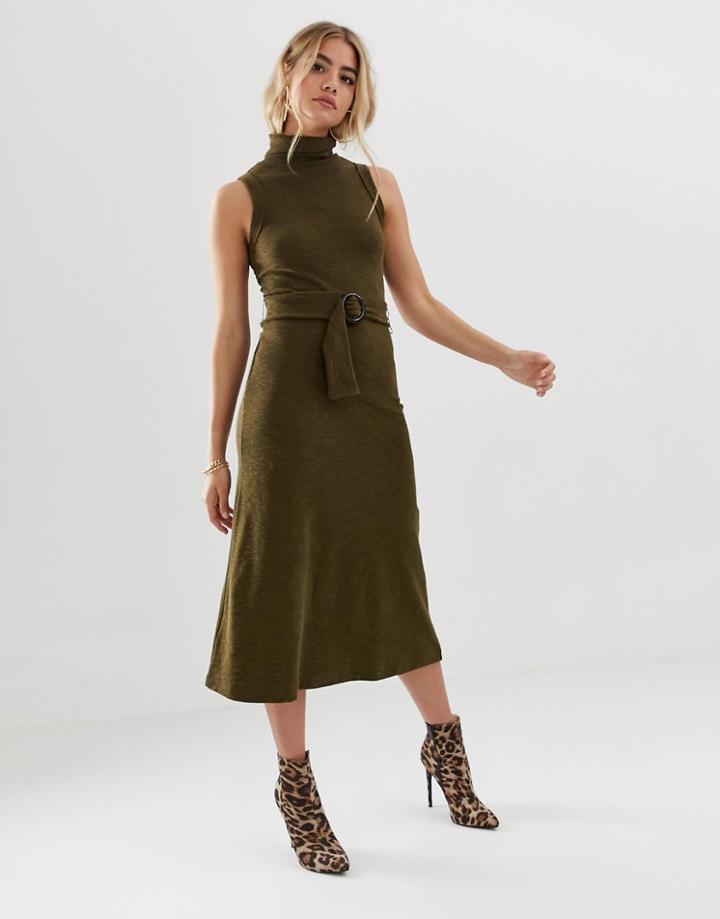 Asos Design Midi Dress With Roll Neck And Self Belt - Green