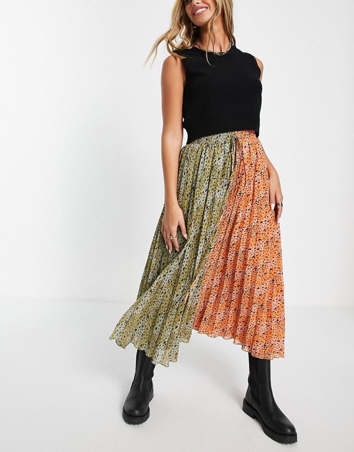 Asos Design Pleated Midi Skirt With Shirred Waistband In Spliced Print-multi