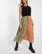 Asos Design Pleated Midi Skirt With Shirred Waistband In Spliced Print-multi