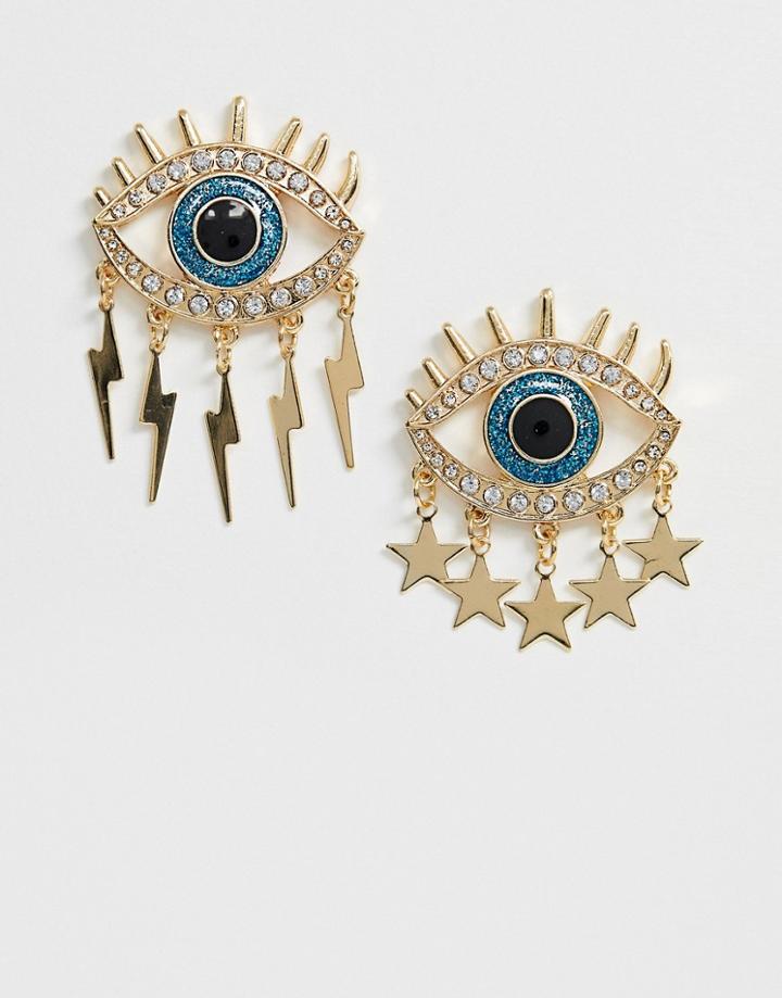 Asos Design Earrings With Eye Detail & Hanging Charms In Gold Tone