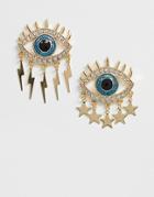 Asos Design Earrings With Eye Detail & Hanging Charms In Gold Tone
