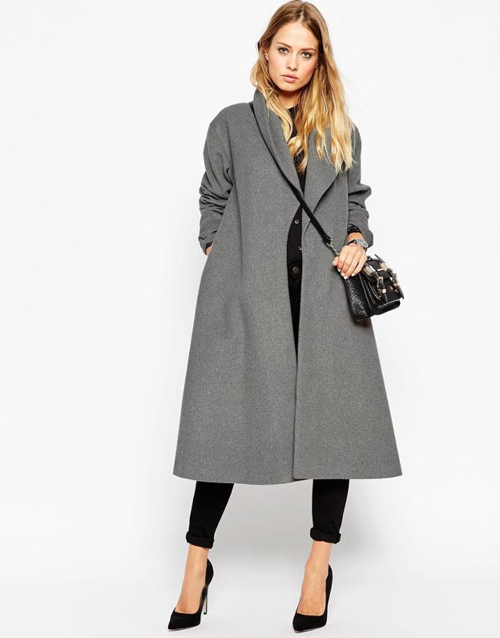 Asos Coat In Midi Swing Trapeze - Gray Marl