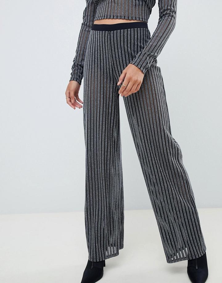 Asos Design Two-piece Silver Glitter Stripe Straight Leg Pants-black