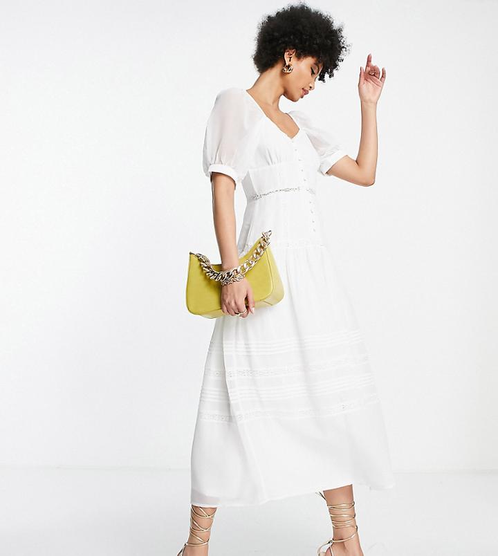 Asos Design Tall Soft Sweetheart Neck Button Up Midi Dress With Lace Inserts In Cream-white