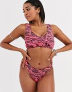 Asos Design Fuller Bust Mix And Match Crinkle V Crop Bikini Top In Pink Zebra Print Dd-f