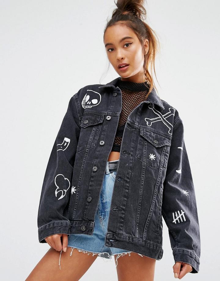 The Ragged Priest Boyfriend Denim Jacket With Hand Painted Motifs - Charcoal