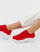 London Rebel Knitted Lace Up Runner Sneakers - Red