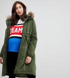Mama. Licious Fur Trim Hood Parka Coat - Green