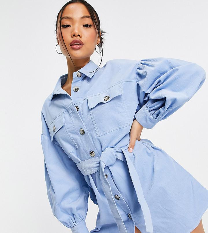 Asos Design Petite Cord Mini Shirt Dress In Blue-blues