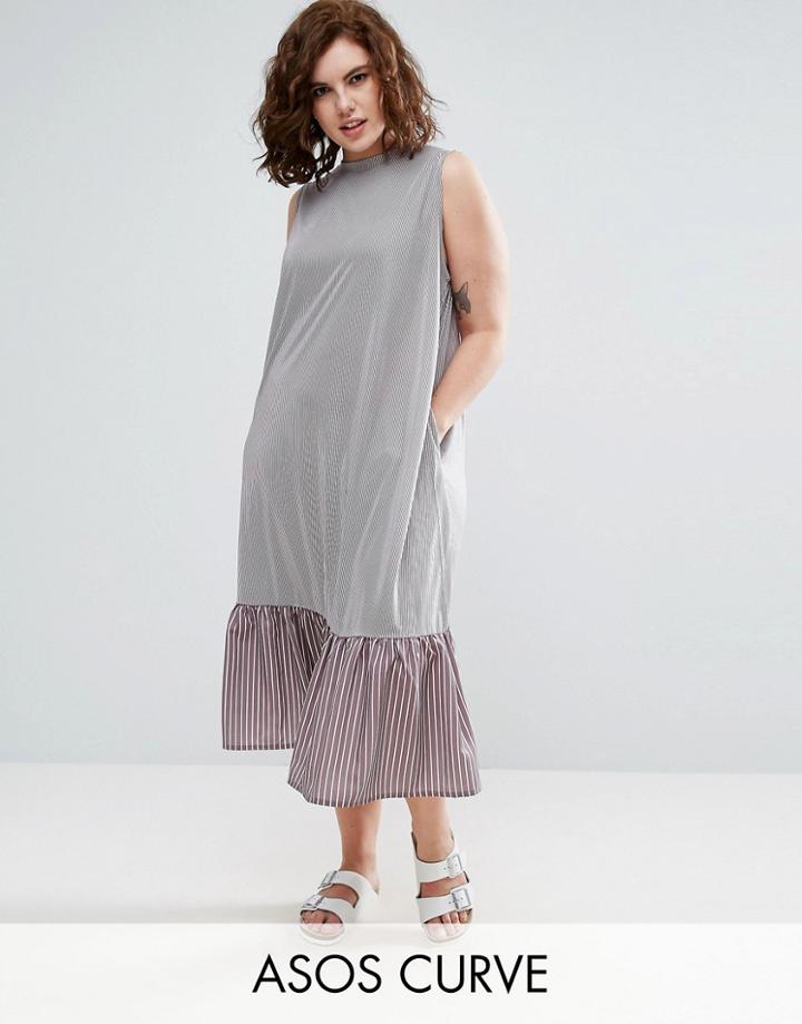 Asos Curve Midi Dress In Stripe With Drop Frill Hem - Multi