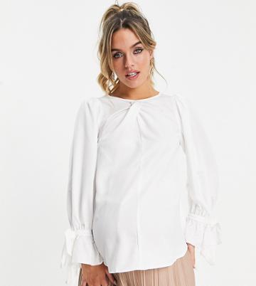 Little Mistress Maternity White Satin Blouse With Tie Cuffs