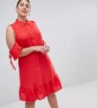 Lost Ink Plus Fit And Flare Shirt Dress With Cold Shoulder And Frill Hem - Red