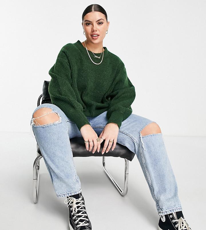 Asos Design Curve Crew Neck Sweater In Rib With Fluffy Yarn In Dark Green