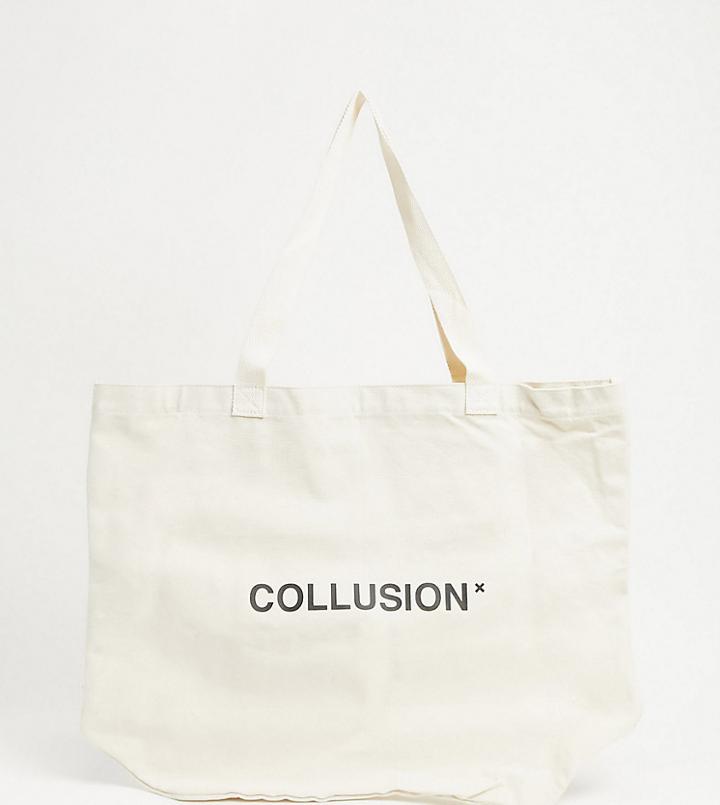 Collusion Unisex Branded Tote Bag In Ecru-white