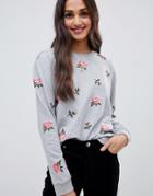 Asos Design Sweat With Gathered Sleeve And Floral Embroidery - Gray