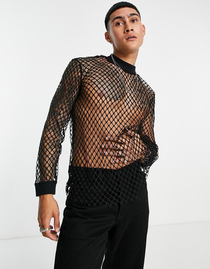 Asos Design Long Sleeve T-shirt In Black Mesh With High Neck
