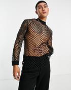 Asos Design Long Sleeve T-shirt In Black Mesh With High Neck