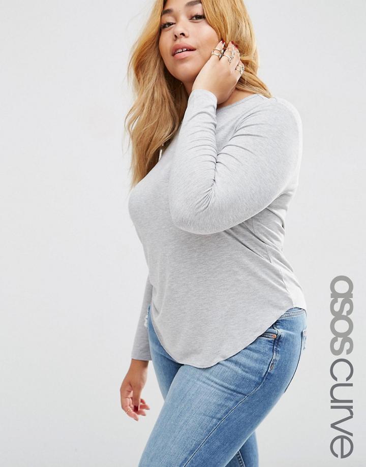 Asos Curve Linen Mix Tunic Tshirt With Long Sleeves - Gray