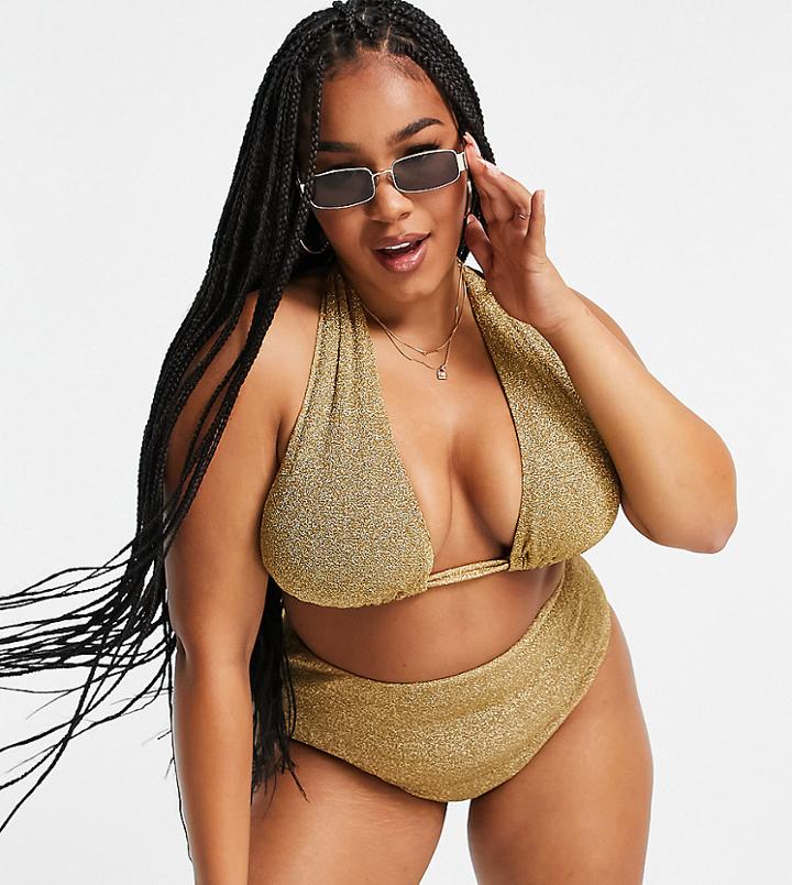 Asos Design Curve Mix & Match High Triangle Bikini Top In Gold Glitter