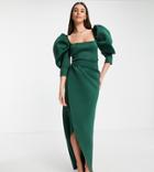 Asos Design Tall Puff Sleeve Wrap Maxi Dress In Forest Green