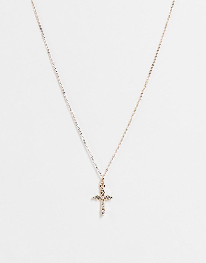 Asos Design Necklace With Cross Pendant And Pearl Detail In Gold Tone