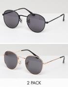 Asos Metal Round Sunglasses 2 Pack In Black And Rose Gold - Multi