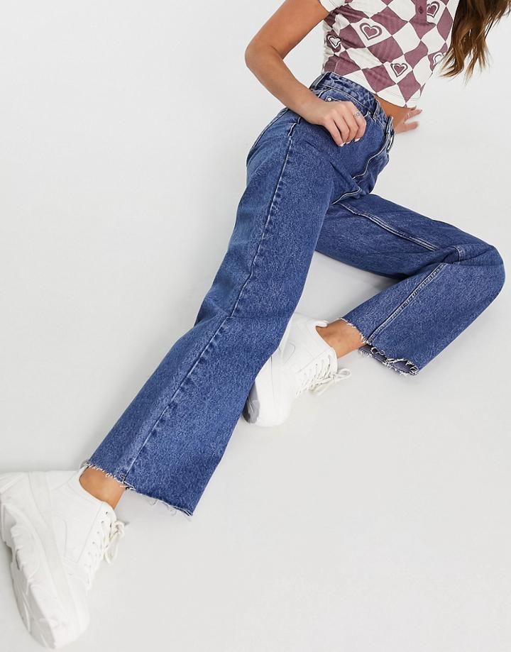 Only Dad Wide Straight Leg Jeans In Mid Blue
