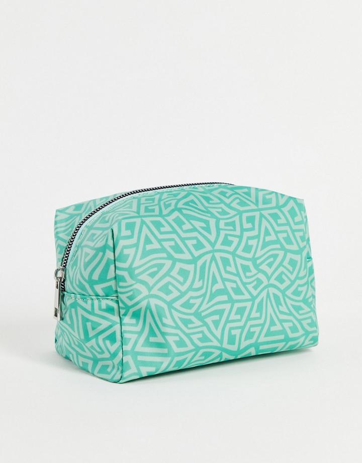 Asos Design Makeup Bag In Green Monogram Print