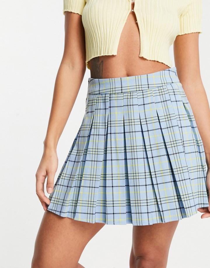 Stradivarius Pleated Tennis Mini Skirt In Blue Check-blues