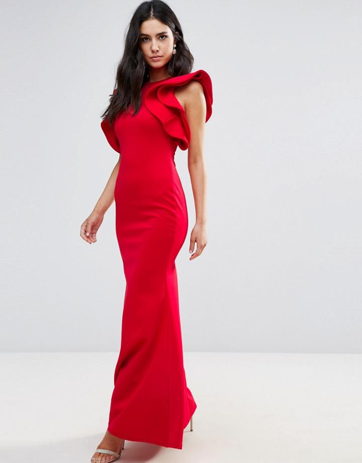 Club L Scuba Fishtail Maxi Dress With Extreme Ruffle Sleeve - Red