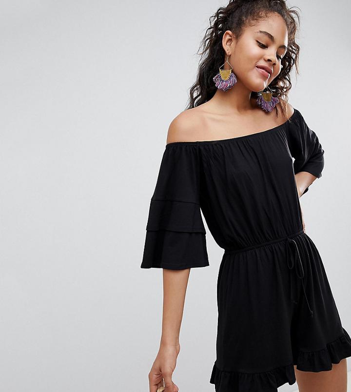 Asos Design Tall Off Shoulder Jersey Romper With Frill Hem - Black